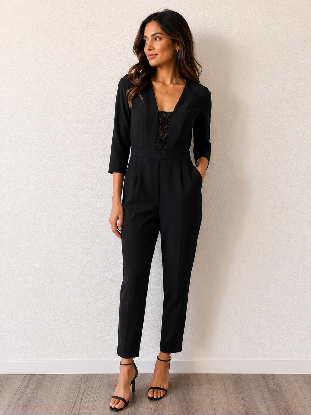 Black Halo Black V-Neck Lace-Panel Jumpsuit